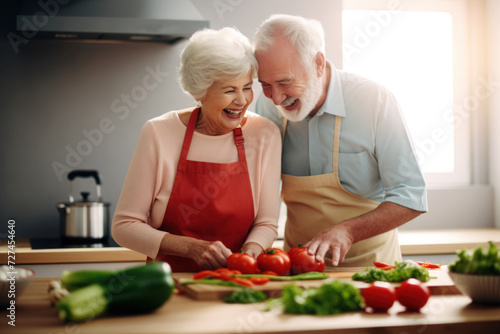 Caucasian married senior mature couple cooking in the kitchen