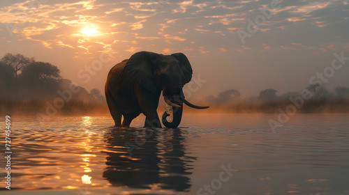 elephant in middle in the lake maedow, wildlife, blurry background