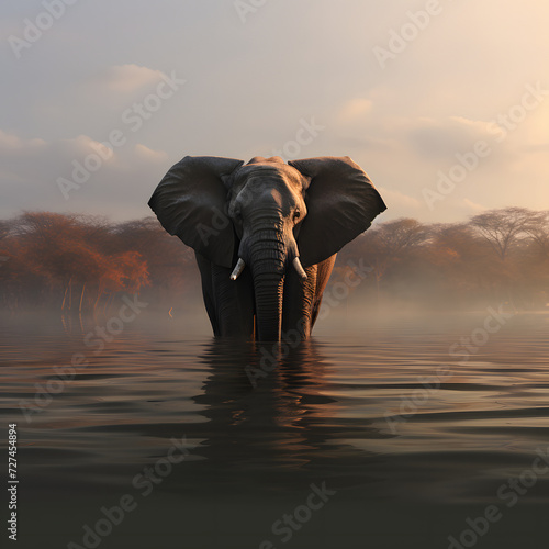 elephant in middle in the lake maedow, wildlife, blurry background