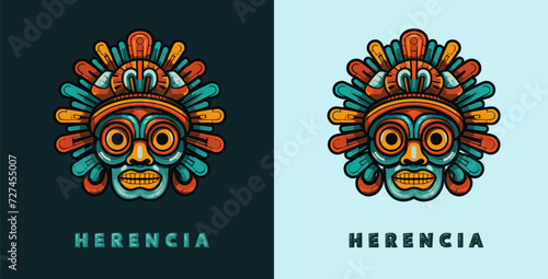 Maya traditional mask vector logo. Aztec culture face illustration design isolated on background, symbol of mexican ancient religion icon art