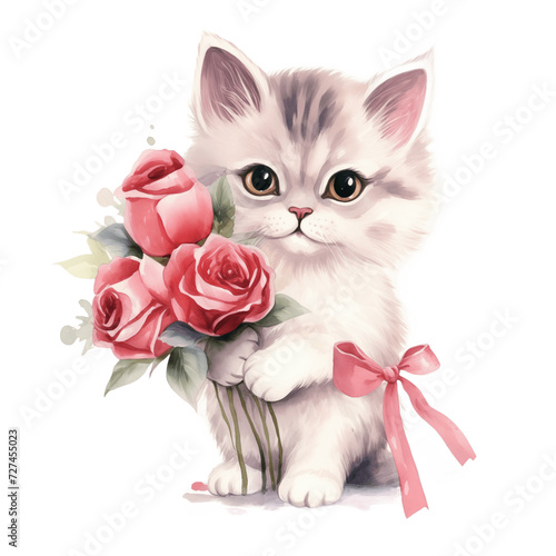 Watercolor cute kitten holding bouquet of pink roses on white background. © M.IVA