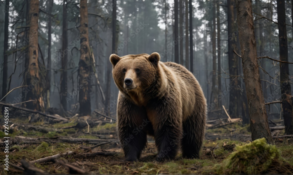 An isolated bear with a sad expression stands in a destroyed forest. forest. deforestation. environment. forest. wood.