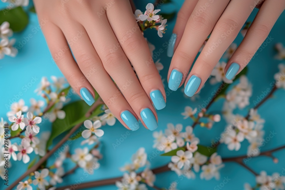 Fototapeta premium Woman hands with trendy polish manicure on background.
