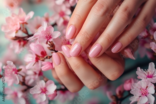 Woman hands with trendy polish manicure on background.