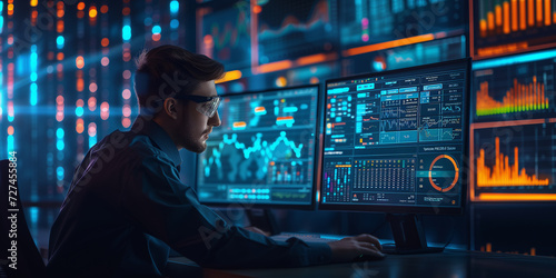 Market analyst in a dark control room monitoring financial graphs and data analytics on multiple screens photo