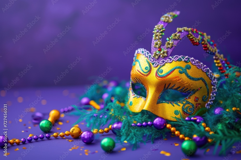Copy space background of Mardi Gras carnival mask and beads on purple background. Copy space background of Mardi Gras carnival mask and beads on purple background.