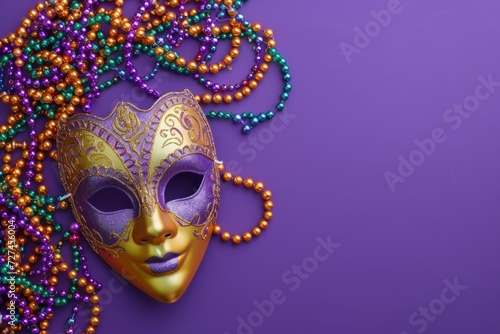 Copy space background of Mardi Gras carnival mask and beads on purple background.