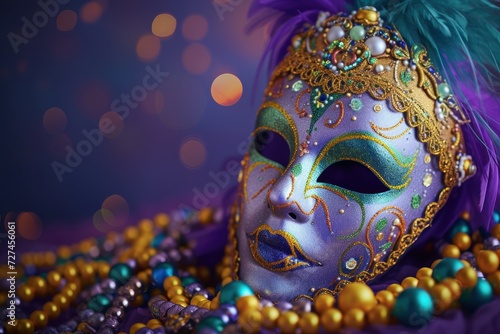 Copy space background of Mardi Gras carnival mask and beads on purple background. © ant