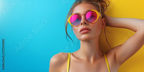 Summer fashion model in vibrant sunglasses against a blue  background, embodying beach chic