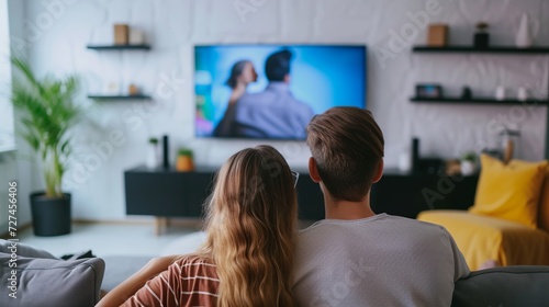 Back view of young family, man and woman watching TV together in living room, TV on white background 