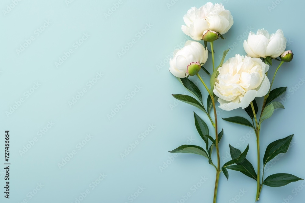 Fototapeta premium White peony rose on light blue background with copy space for text.