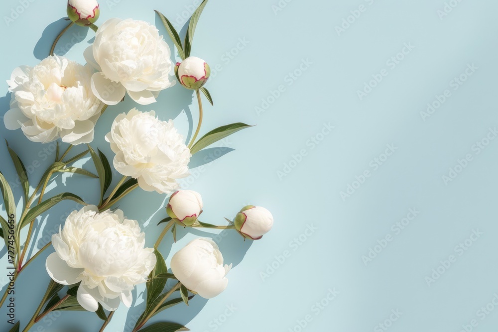 Fototapeta premium White peony rose on light blue background with copy space for text.