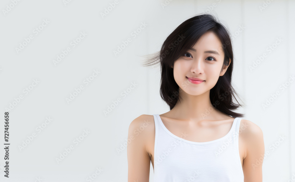 Portrait of a young, beautiful Asian woman similing on a white background. Copy space for text, message, logo, advertising. Portrait of a young, beautiful Asian woman similing on a white background. Copy space for text, message, logo, advertising.