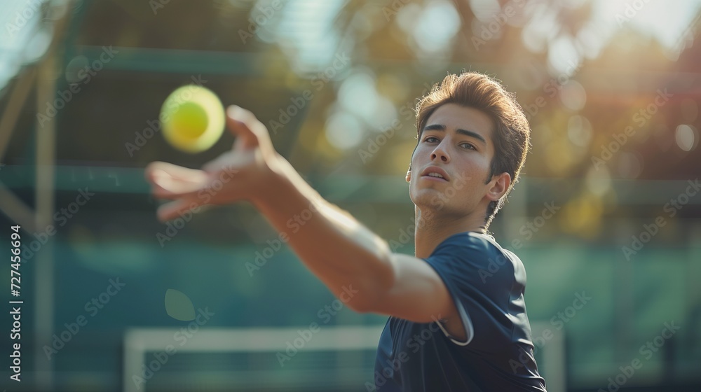 Male tennis player catches a tennis ball using one hand. Sportsman ...