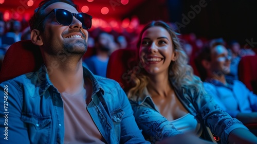 happy couple watching movie in theater or cinema 