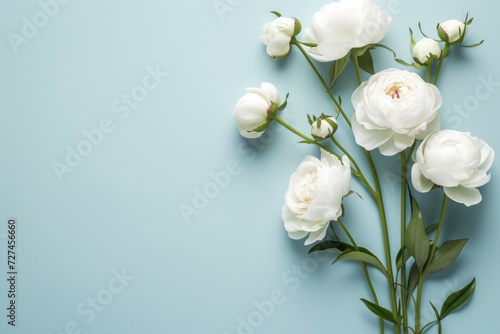 White peony rose on light blue background with copy space for text.