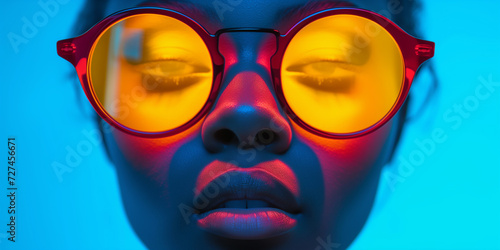 Vibrant Neon Portrait of Fashion Black Model with Stylish Glasses