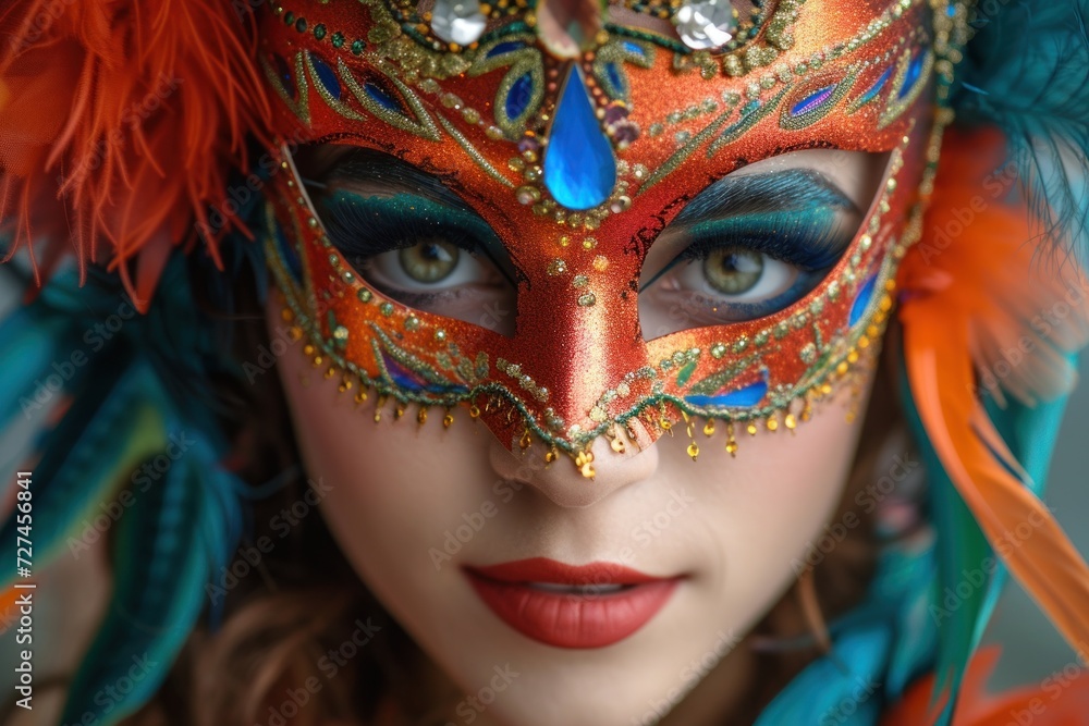 Young woman with mask and carnival costume in carnival.
