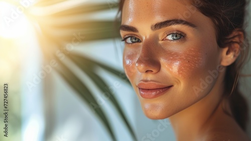 Woman with sunburned skin at home, closeup  photo