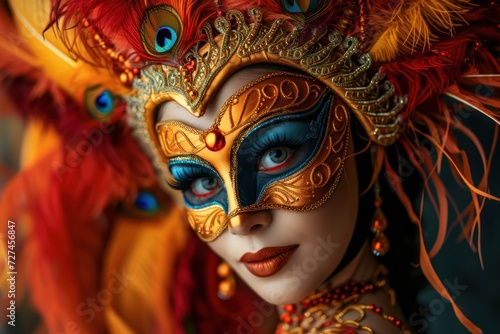 Young woman with mask and carnival costume in carnival.
