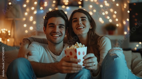 Young happy couple watching movie on TV and eating popcorn while relaxing in the living room