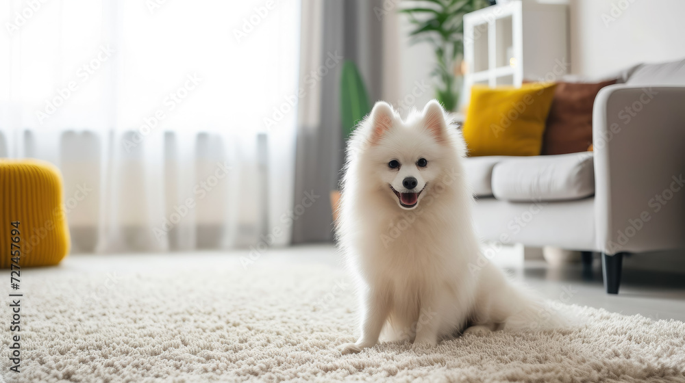 fluffy white domestic dog, spitz lies on the carpet in a modern stylish living room, pet, space for text, scandinavian interior, apartment, cozy home, canine, wool, breed, real estate fluffy white domestic dog, spitz lies on the carpet in a modern stylish living room, pet, space for text, scandinavian interior, apartment, cozy home, canine, wool, breed, real estate