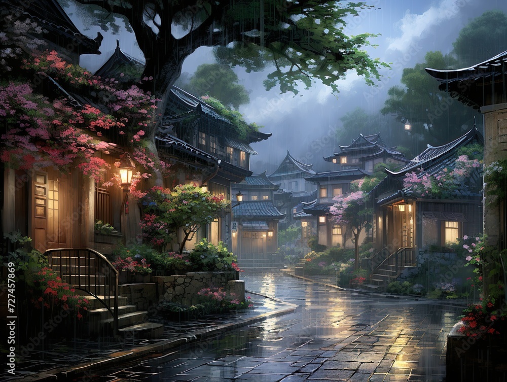 Obraz premium The traditional Chinese landscapes. The gentle caress of rain transforms a beautiful street into a canvas of tranquil beauty, framed by an ethereal backdrop of flowers