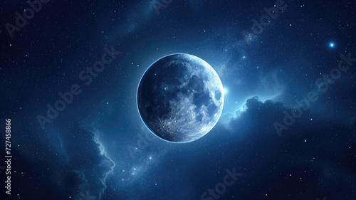 Moon in space with dark blue universe around and space clouds inside starry nebula. Universe science astronomy space background wallpaper