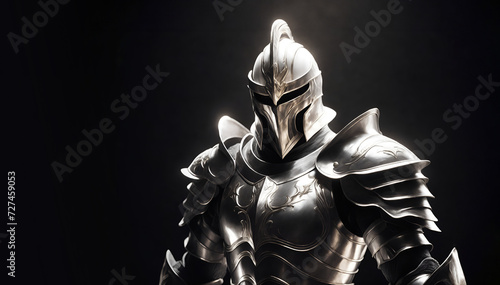 Medieval knight in silver shiny armour. Portrait of a knight warrior. Copy space photo