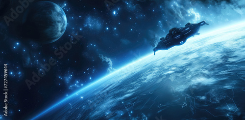 Futuristic space ship in the universe near the fantasy planet surface flying toward another planet. Universe fantasy astronomy space background wallpaper © NK Project