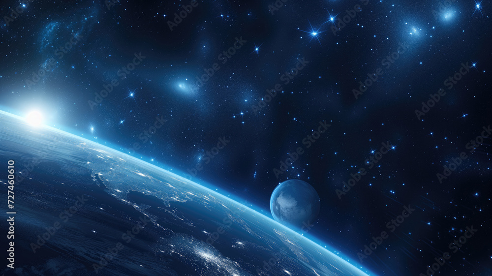 Fototapeta premium Sun beams reflects from planet Earth surface in dark space with infinite universe and galaxy nebula. Universe science astronomy space background wallpaper