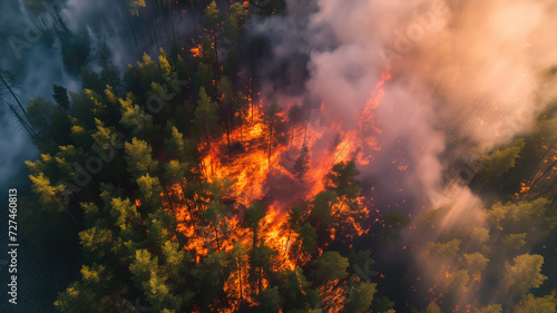 Top aerial view of terrifying forest fire burning green trees with a lot of dense smoke. The flames burning the green forest to the ground. High quality illustration