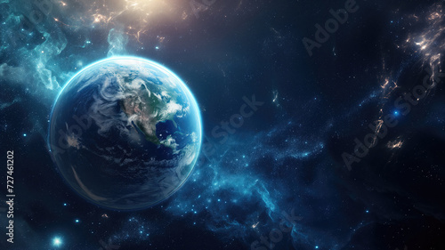 Big planet Earth in the universe, space view with stars and infinite universe. Universe science astronomy space background wallpaper. High quality illustration