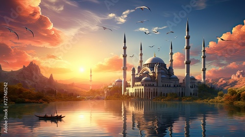 landscape with mosque against a sunset sky photo
