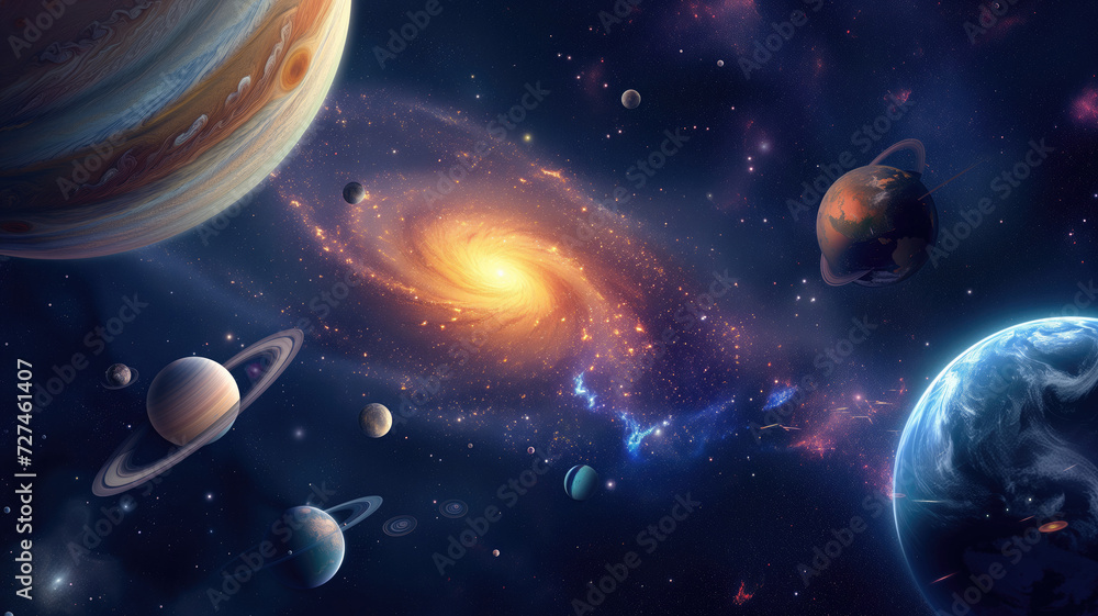 Many planets and galaxies in the colored starry universe. Universe science astronomy space background wallpaper. High quality illustration