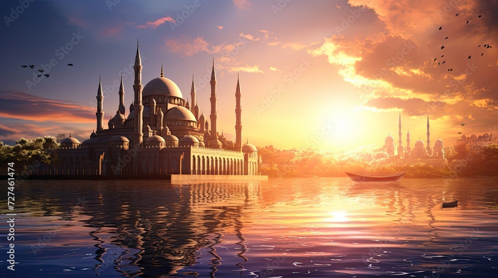 landscape with mosque against a sunset sky