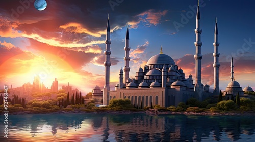 landscape with mosque against a sunset sky