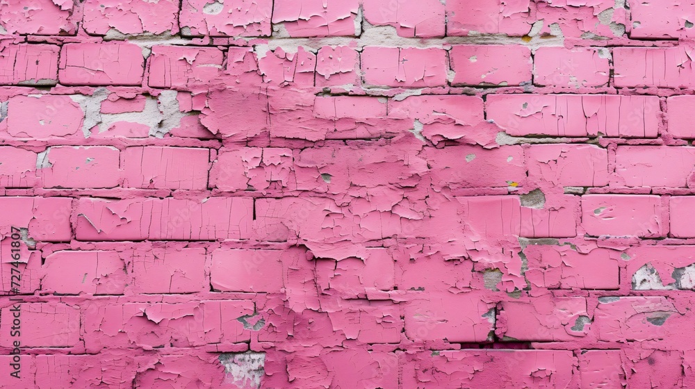 Uniform pink painted brick wall with variations in texture and patches where the paint has eroded, revealing the grey underlayer
