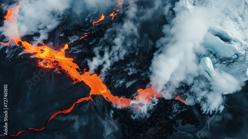 Smoke around lava and ice move towards each other. Different kind of the elements fights each other, two elements touch in the middle. High quality photo