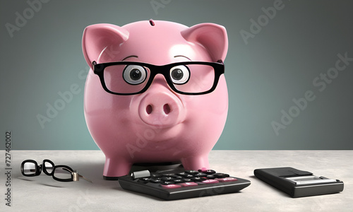 Pink piggy bank with eyeglasses and calculator, concept of savings and investments