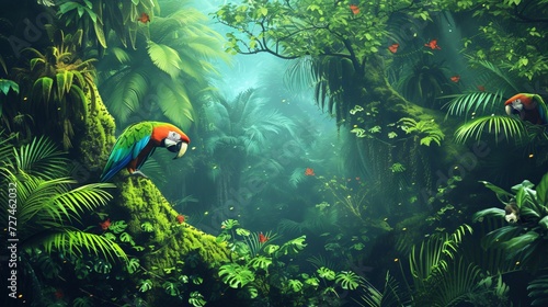 Scarlet macaws perch amid a verdant rainforest, their bright plumage standing out in the lush, misty greenery