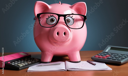Pink piggy bank with eyeglasses and calculator, concept of savings and investments