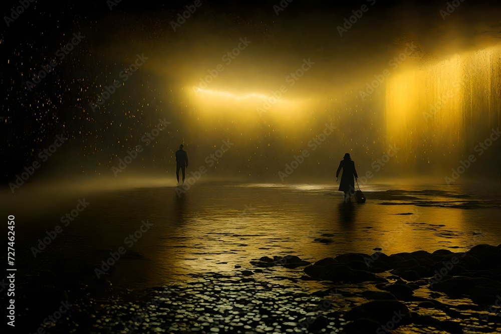 The black room melting into the ocean, hyperrealistic, atmospheric, yellow mist, volumetric dust,4K, cinematic lighting