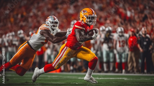 A dynamic image of an American football player in a red and yellow uniform making a swift run, with a determined opponent in white and orange trailing closely behind