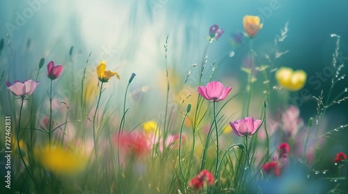 Vibrant meadow with a mix of poppies, daisies, and wildflowers in full bloom, creating a colorful natural tapestry © HY