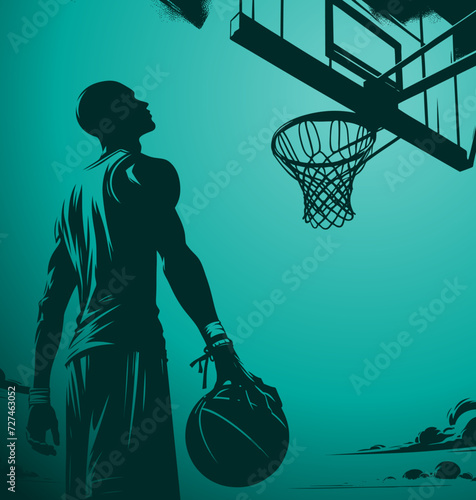 Basketteur afro américain debout en-dessous un panneau de basketball - Fond bleu neutre