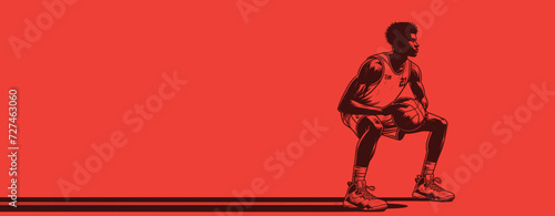 Basketteur afro-américain accroupi - Fond orange neutre