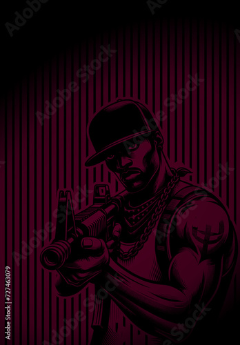 Dessin d'un homme d'un gang tirant avec une arme automatique