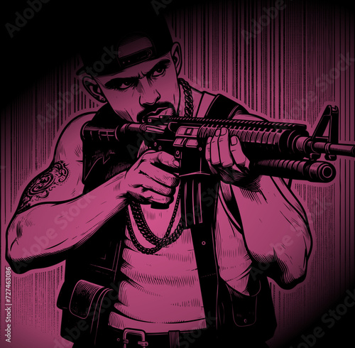 Dessin d'un homme d'un gang tirant avec une arme automatique