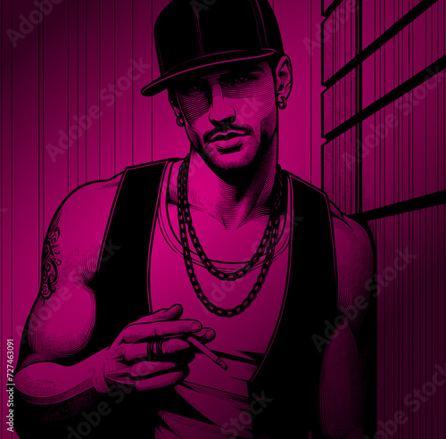 Homme de culture hip-hop appuyé contre un mur